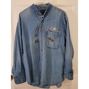 Blue Sea Denim Shirt Women L Embroidered Nautical Flags Birds Mackinac Island